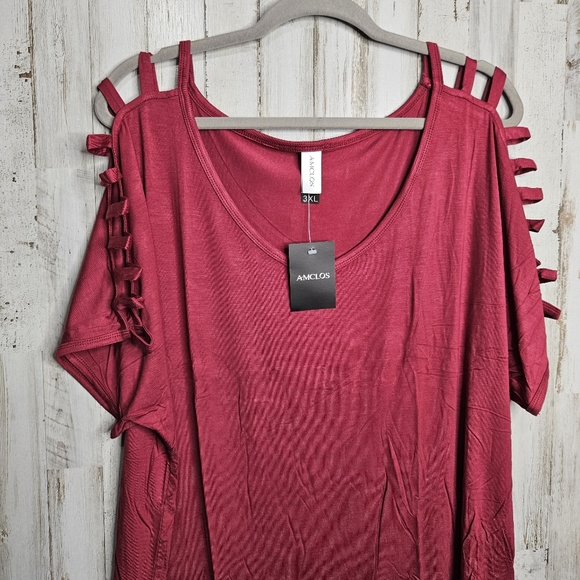 Amclos Women's Dark Red Scoop Neck Slashed Sleeve T-Shirt Top NWT Size 3XL - Picture 11 of 11